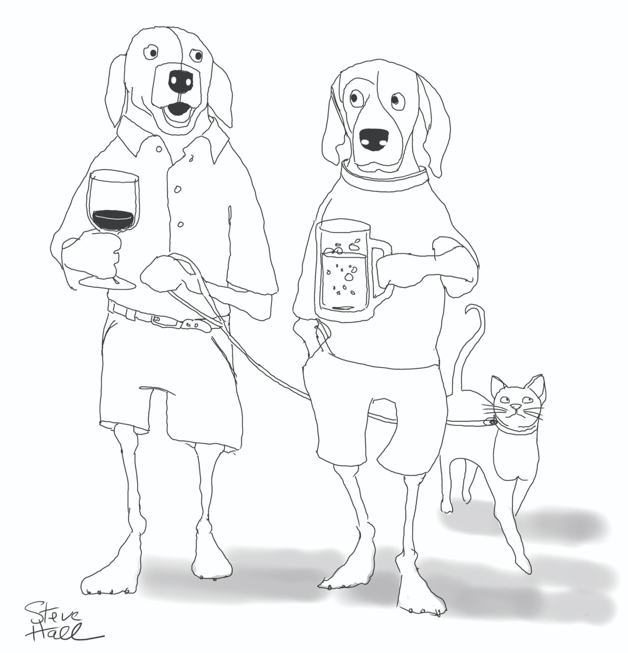 Grown up dogs doing what grown up dogs do when they walk the cat. Tail waggin' howlers