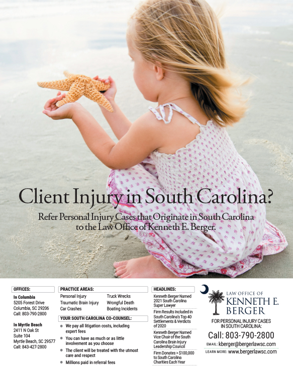 Full page national ad for trial law firm in South Carolina